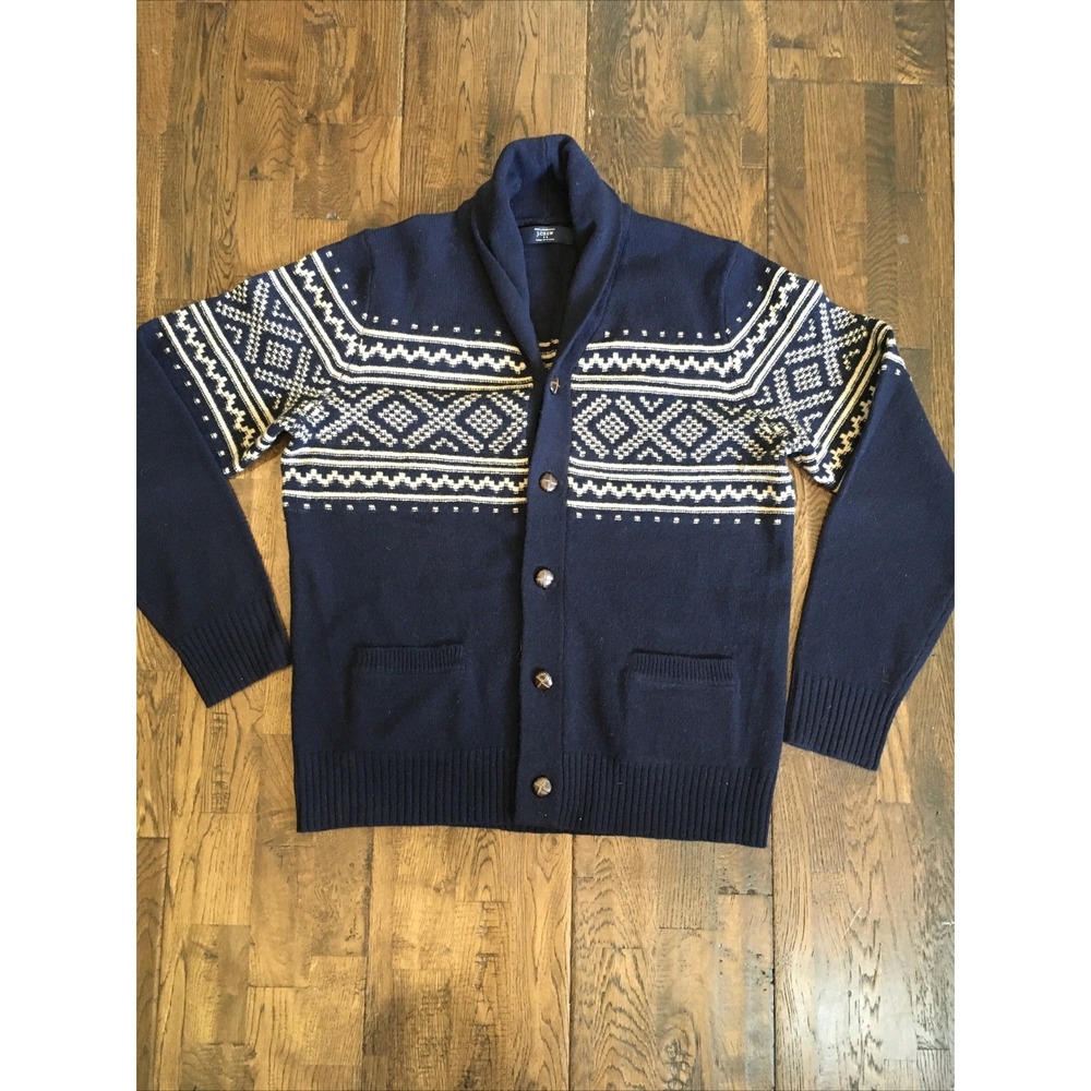 J.Crew Fair Isle Lambswool Cardigan Mens Medium Navy Blue Tan Shawl Sweater